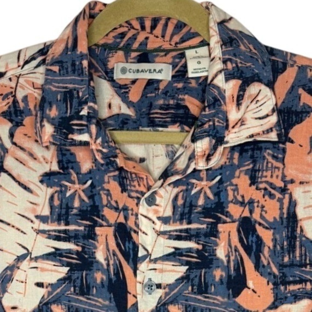Cubavera Button Down Shirt Mens L Coral Navy Palm Leaf Print Short Sleeve